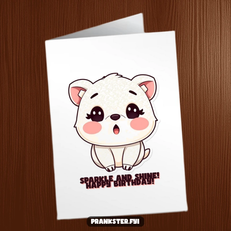 Funny Free Printable birthday card featuring a surprised animal with rosy cheeks, covered in sparkling, harmless glitter.