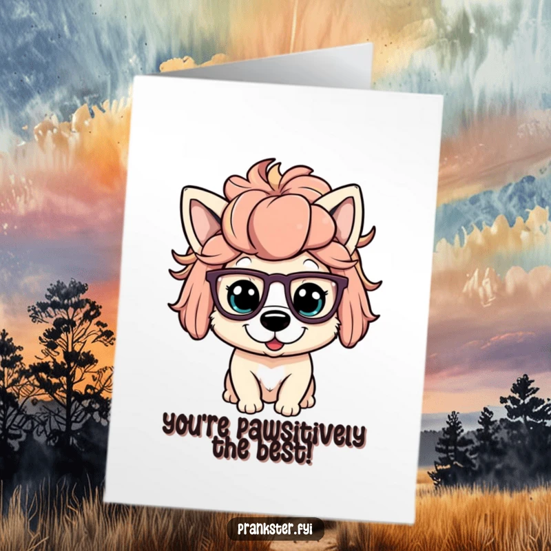 Funny Free Printable Birthday Card: Playful dog sports a funny wig and oversized glasses.