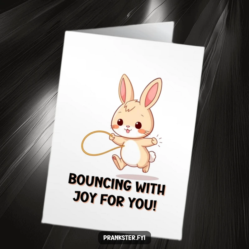 Funny Free Printable Congratulations Card of a playful bunny hopping, a string tied to its tail, suggesting a funny outcome.