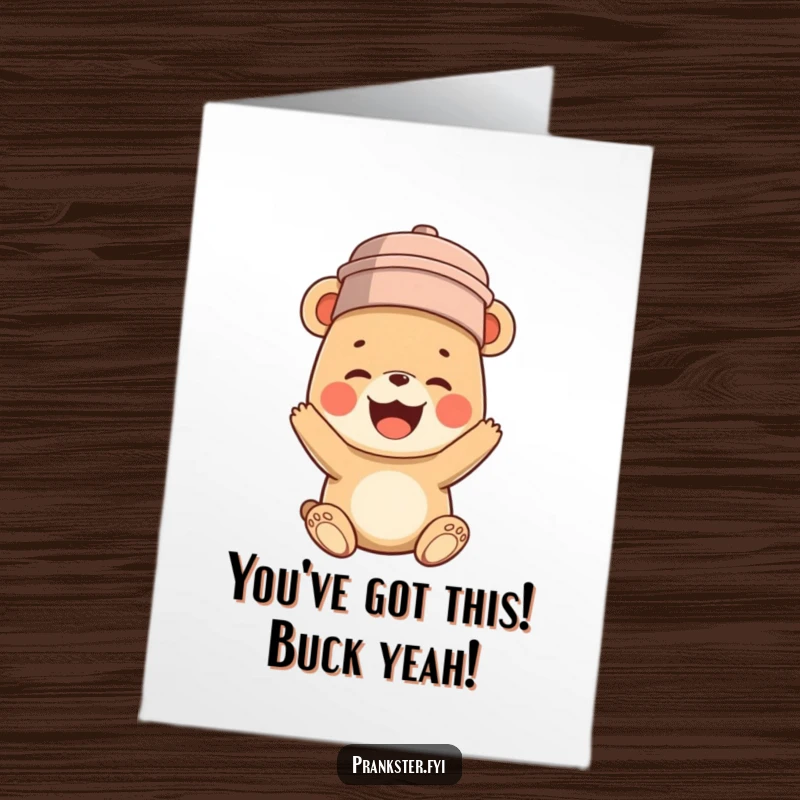 Free Printable Congratulations Card: A funny bear cub with a bucket on its head, giggling uncontrollably, perfect for any celebration.