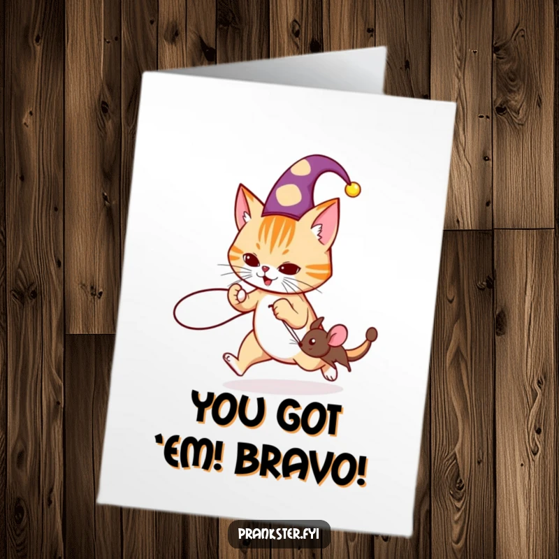 Funny Free Printable Congratulations Card: Mischievous cat in jester hat tripping a mouse, humorous congrats.
