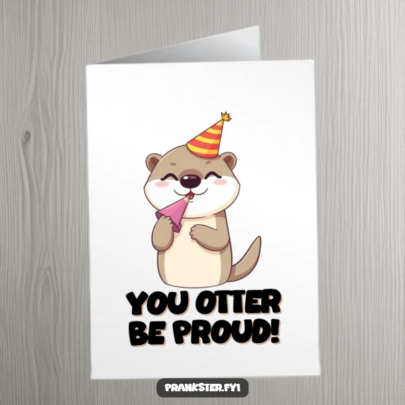 Funny Free Printable Congratulations Card: Happy otter wearing party hat, blowing a noise maker in celebration.