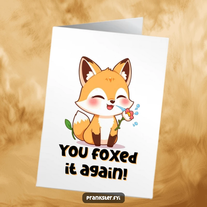 Free Printable Congratulations Card: A giggling fox winks mischievously as it prepares to squirt water from a flower, celebrating success.