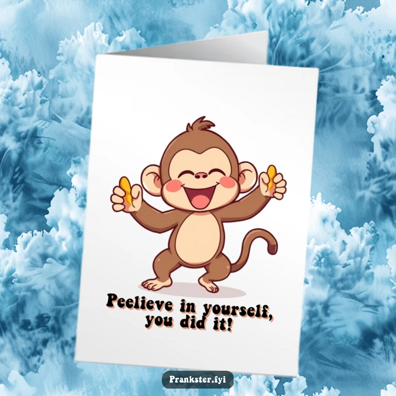 Funny Free Printable Congratulations Card with a kawaii monkey gleefully throwing a banana peel, celebrating a great achievement.