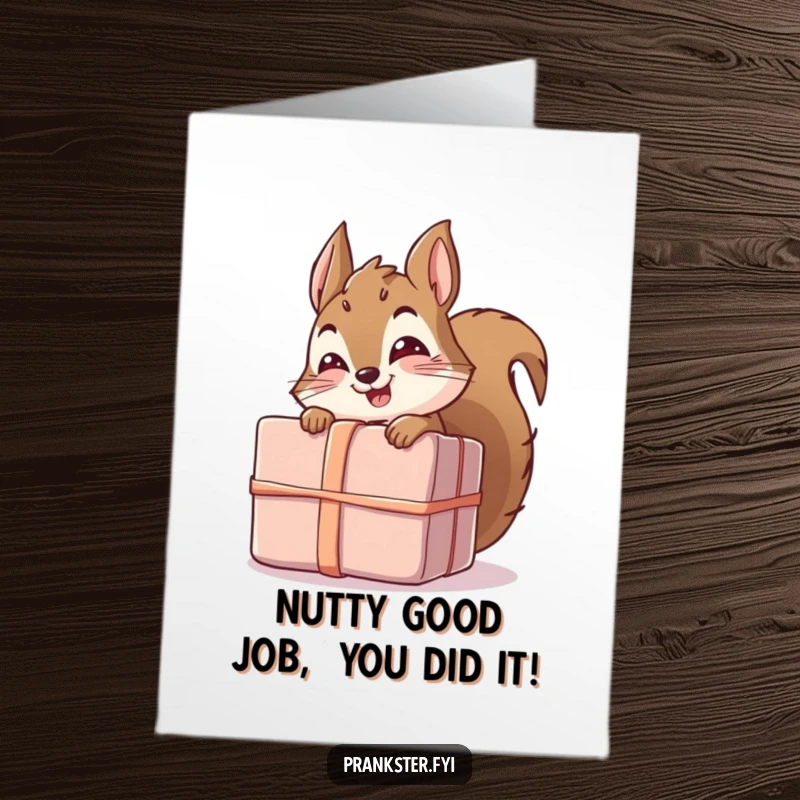 Funny Free Printable Congrats Card: Giggling squirrel peeking from behind a large gift, celebrating achievements.