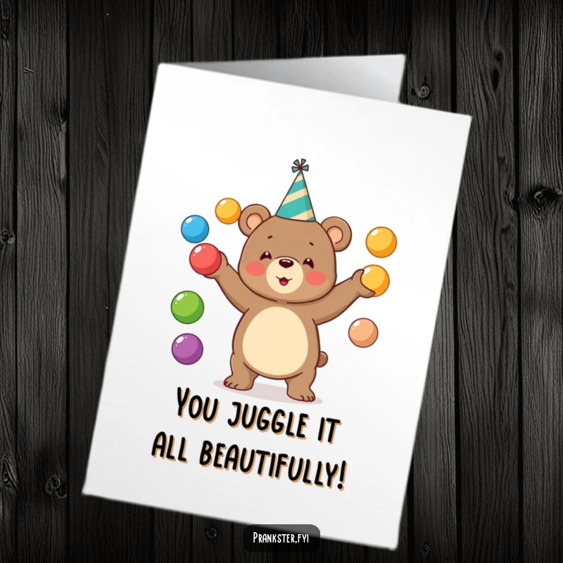 Funny Free Printable Congrats Card: Silly bear wearing a party hat, expertly juggling colorful balls, celebrating a grand accomplishment with cheer.