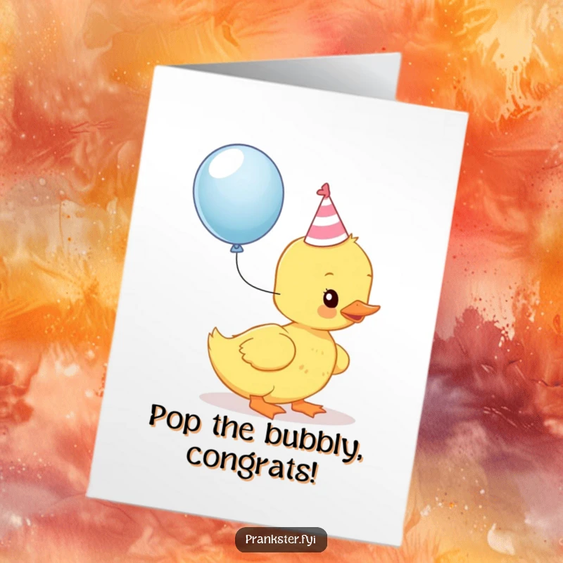 Funny Free Printable Congrats Card: Kawaii duckling ready to pop a balloon, celebrating success with festive humor. Downloadable art.