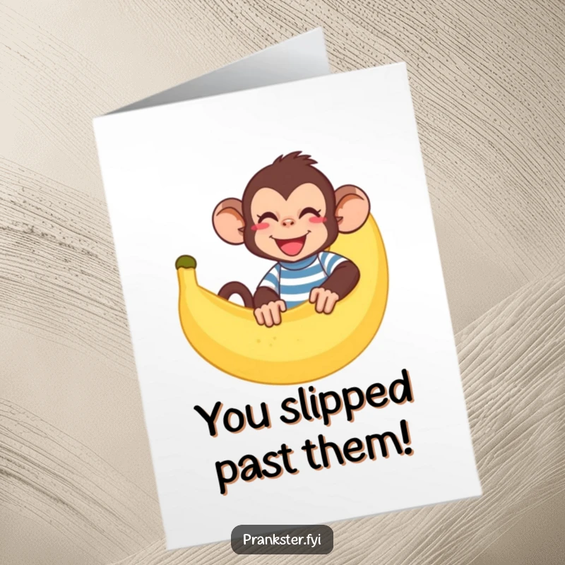 Funny Free Printable Congratulations Card: Monkey in striped shirt hiding behind a large banana peel, humorous congrats.