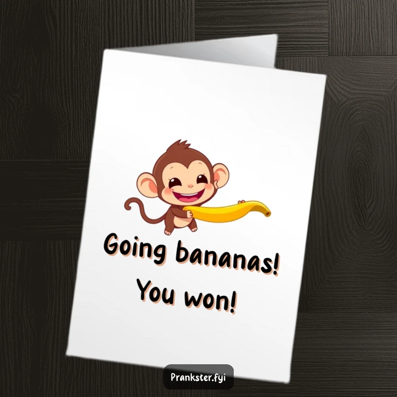 Funny Free Printable Congratulations Card: A grinning monkey gleefully throws a banana peel, symbolizing a fun and surprising victory.