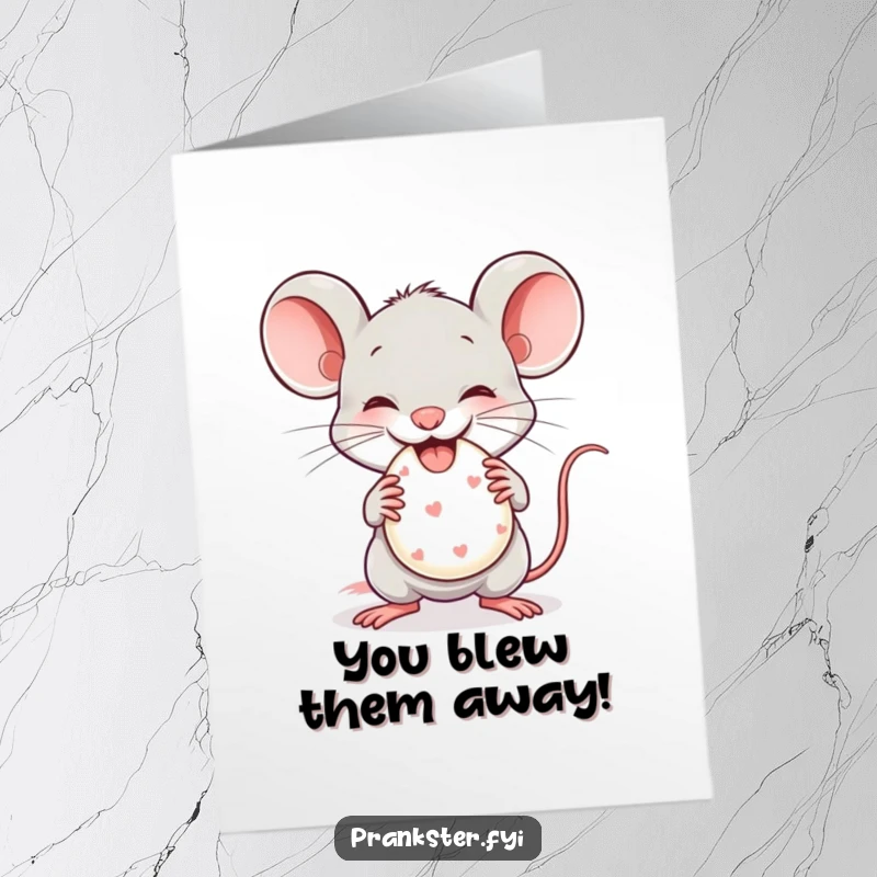 Humorous Free Printable congratulations card featuring a cheeky mouse holding a small whoopee cushion, signaling a fun achievement.