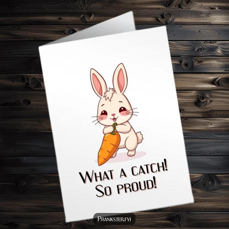 Funny Free Printable Congrats Card: Mischievous rabbit pulling a long string attached to a giant carrot, celebrating a hard-earned prize.