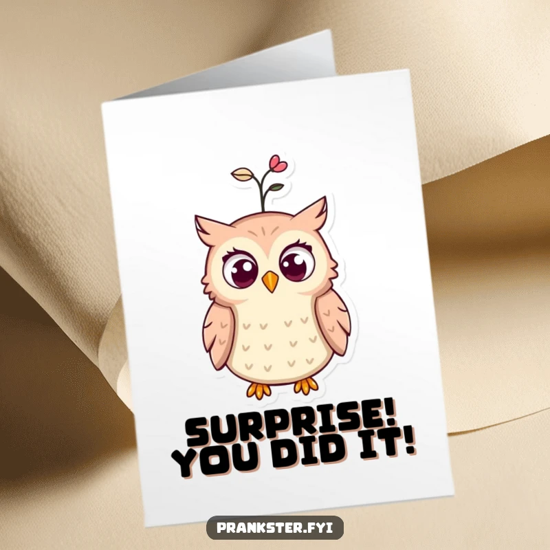 Funny Free Printable Congrats Card: Startled owl with a spring hat, conveying shock and joy for congratulations.