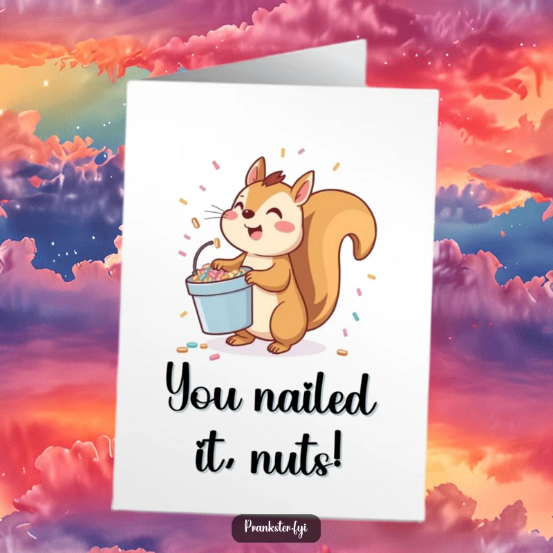 Free Printable Congratulations Card: A playful squirrel character poised to toss a bucket of confetti upwards, signifying a grand celebration.