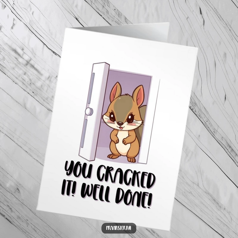 Funny Free Printable Congratulations Card: A sneaky squirrel peeking out from behind a slightly ajar door, with a twinkle in its eye.