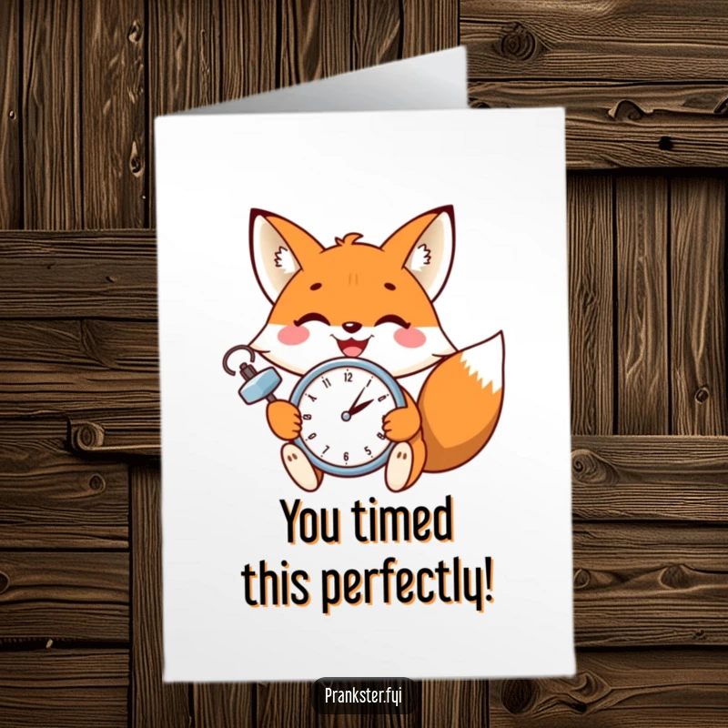 Funny free printable congratulations card of a winking fox setting a ticking clock, celebrating success with a sly grin.