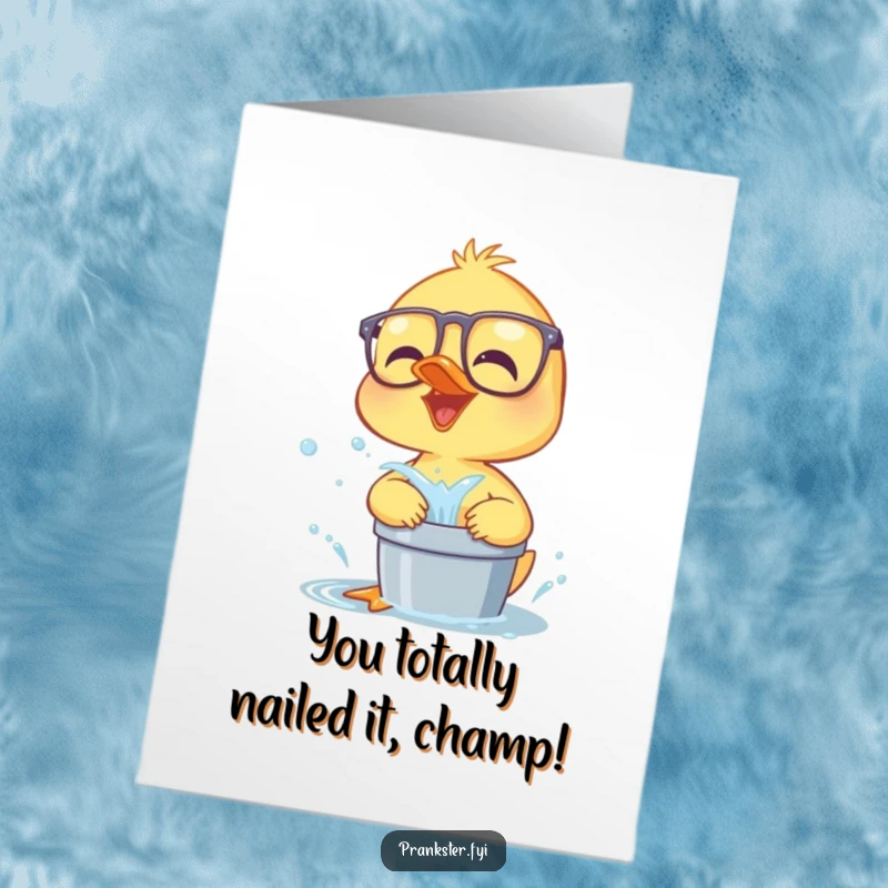 Funny Free Printable Congratulations Card: Giggling duckling in glasses poised to splash, celebrating a big win with glee.