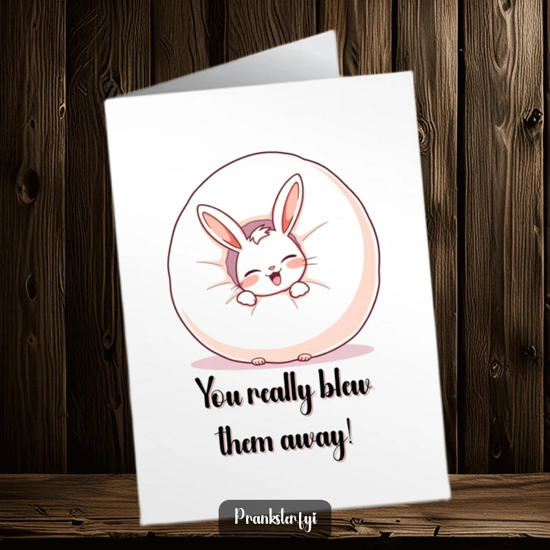 Funny free printable congratulations card of a giggling rabbit hiding behind a whoopee cushion, ready to surprise.