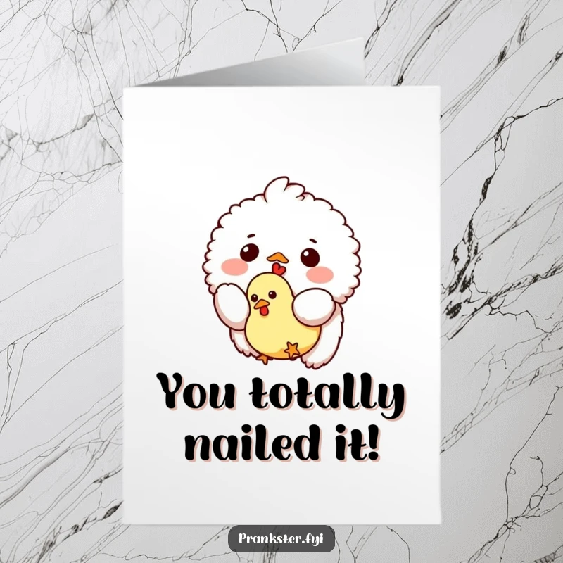 Funny Free Printable Congratulations Card: a fluffy being playfully dropping a rubber chicken from the sky to mark a special occasion.