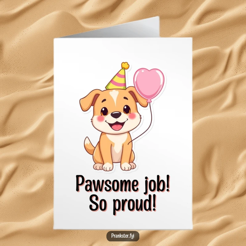 Funny Free Printable Congratulations Card: A happy dog sporting a party hat and holding a balloon, celebrating a win.