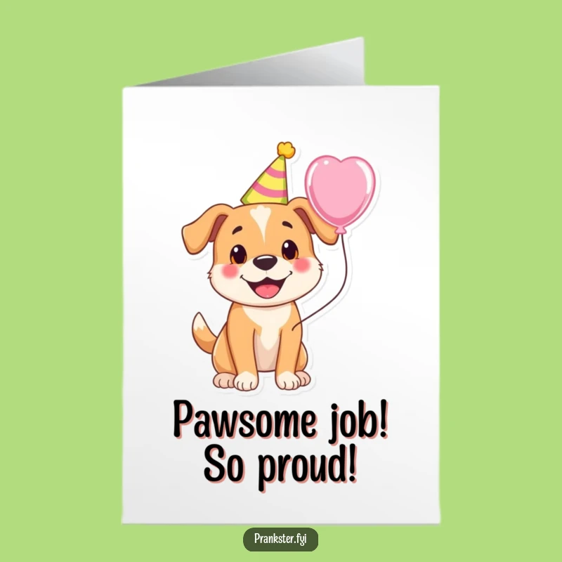 Free Printable Congrats Card: Dog Party Hat Balloon Funny Downloadable Gift!