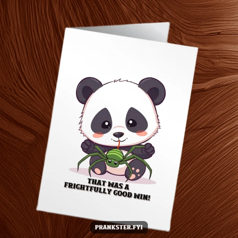 Funny Free Printable Congratulations Card: Panda surprised by a fake spider, celebrating a win with a funny twist, downloadable gift.