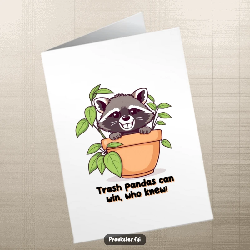 Funny Free Printable Congratulations Card: Grinning raccoon in disguise peeking from behind a plant, celebrating achievements.
