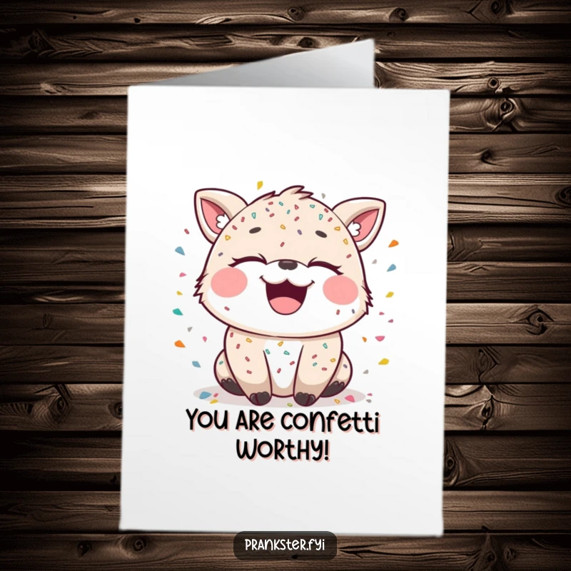 Funny Free Printable Congratulations Card of a laughing animal covered in confetti, eyes sparkling with mischief.