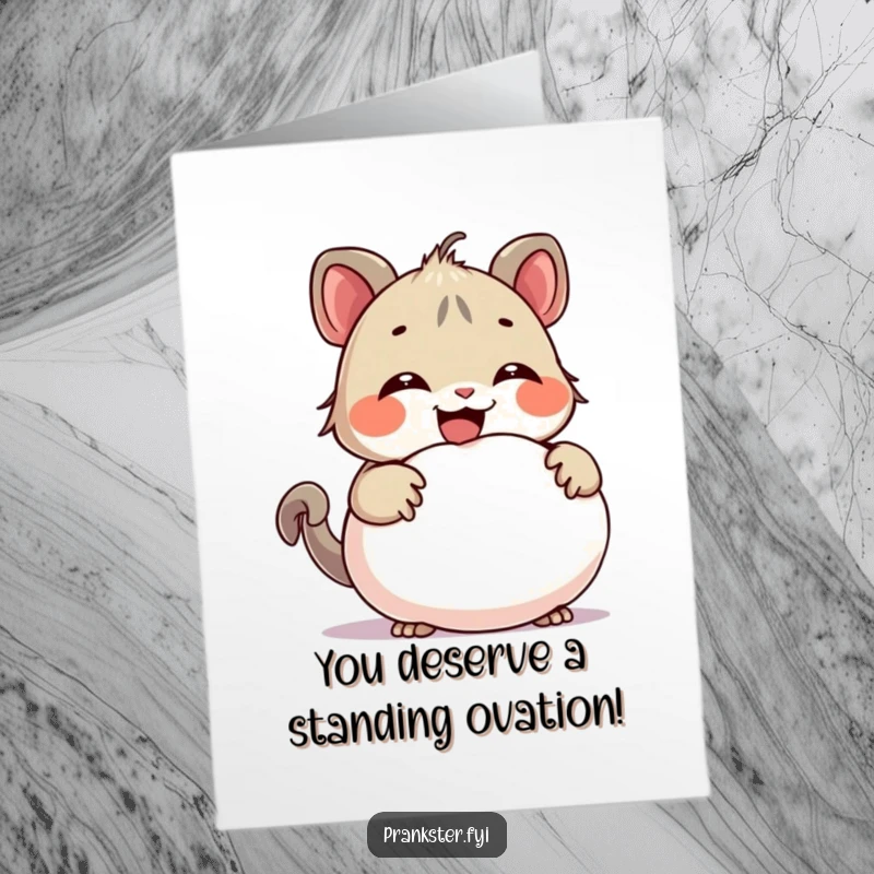 Funny Free Printable Congratulations Card: a giggling creature hiding a whoopee cushion, ready to break the tension with a fart joke.