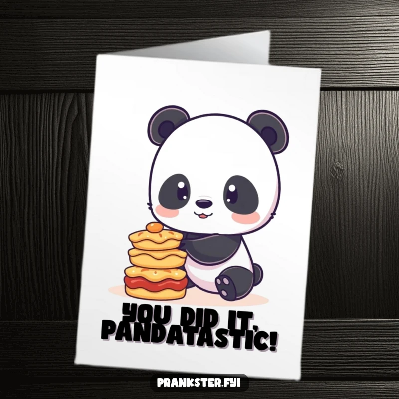 Funny Free Printable Congratulations Card: Playful panda precariously balancing a stack of delicious pies.