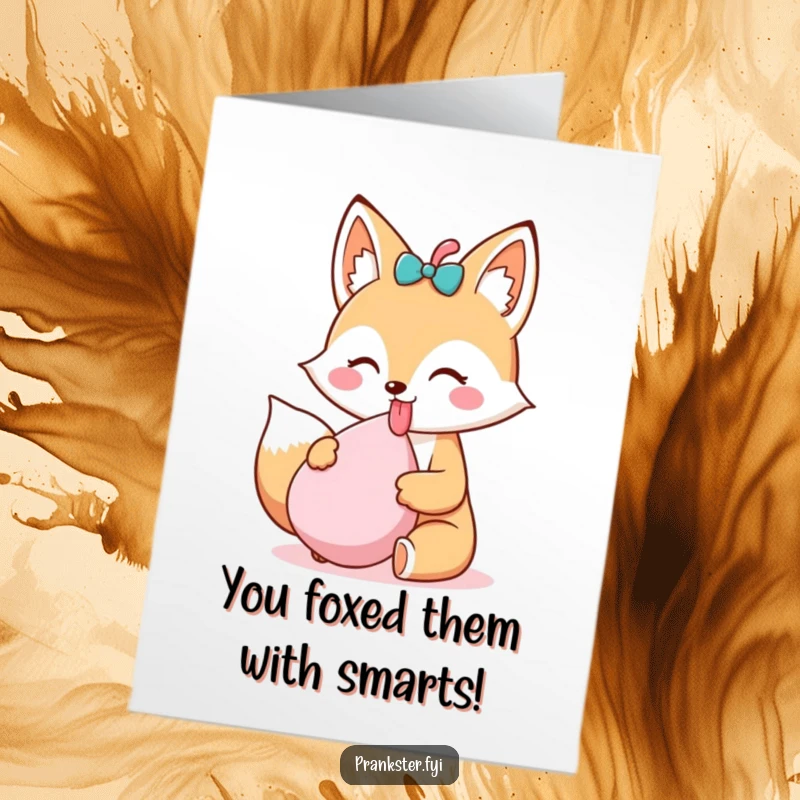 Funny Free Printable Congratulations Card featuring a kawaii fox sticking out its tongue, holding a whoopee cushion to celebrate a win.