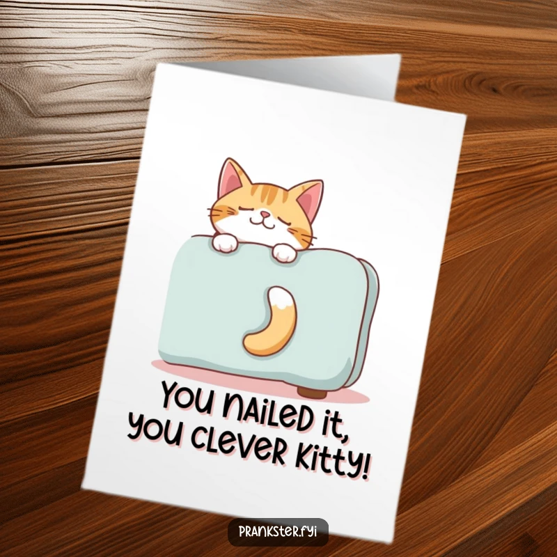 Funny Free Printable Congratulations Card: Giggling cat's tail peeking from behind a sofa, a secretive congratulatory message.