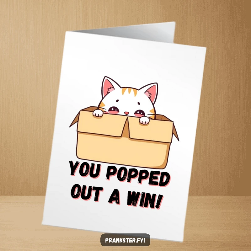 Funny Free Printable Congratulations Card: A delighted cat hides in a box, eyes peeking out, celebrating their win secretly.