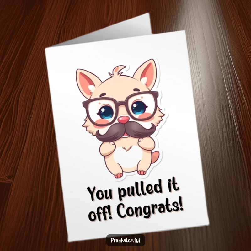 Funny Free Printable Congratulations Card featuring a delighted animal wearing oversized glasses and holding a fake mustache.