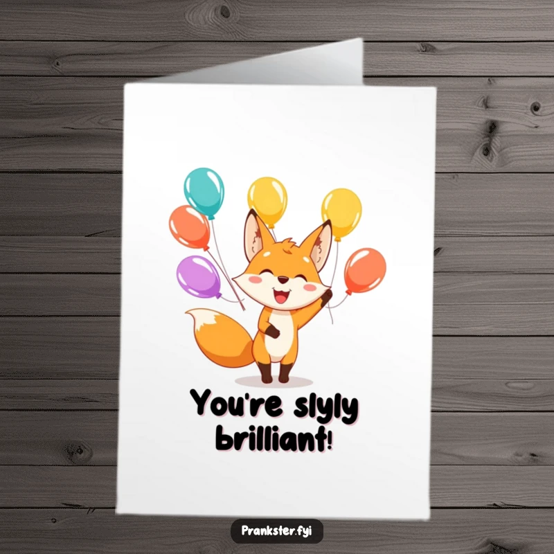 Funny Free Printable Congrats Card: Fox smiles widely while juggling bright balloons, celebrating achievements.