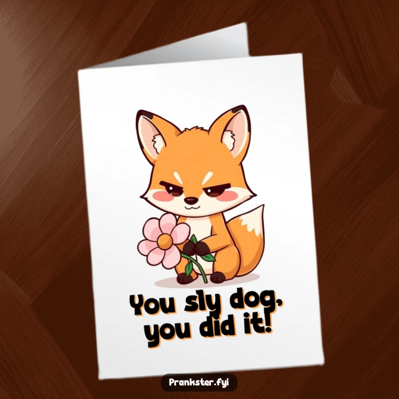 Funny Free Printable Congratulations Card: Sly fox wiggles eyebrows while presenting a fake flower, a charmingly devious gesture.
