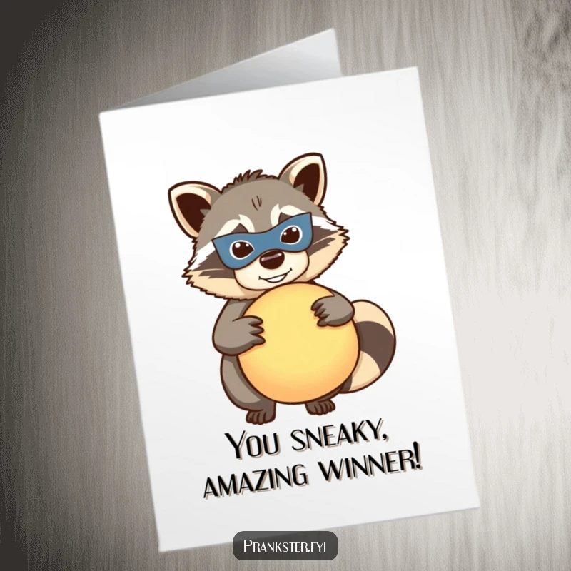 Funny free printable congratulations card: a mischievous masked raccoon holds a whoopee cushion, offering a humorous cheer for achievements.