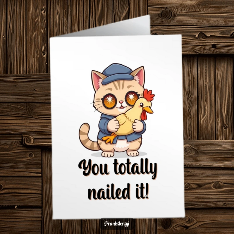 Funny free printable congratulations card of a disguised cat with sparkling eyes, holding a novelty rubber chicken.