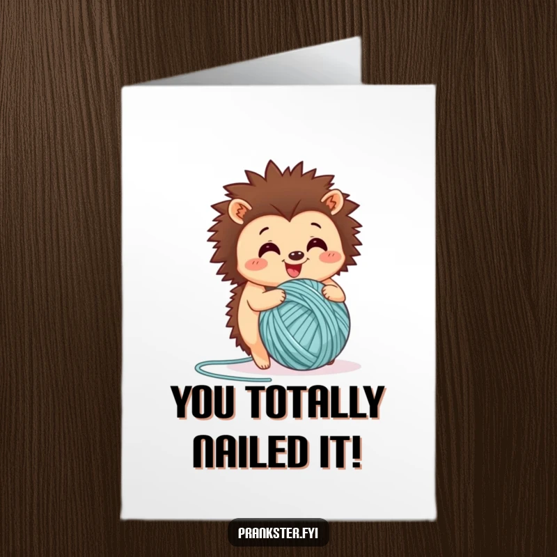 Funny Free Printable Congratulations Card with a cheerful hedgehog enthusiastically rolling a ball of yarn.