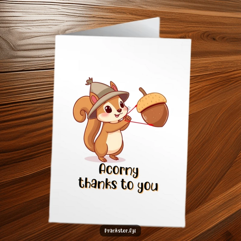 Funny free printable thank you card of a playful squirrel in a tiny hat launching an acorn with a slingshot, sending thanks humorously.