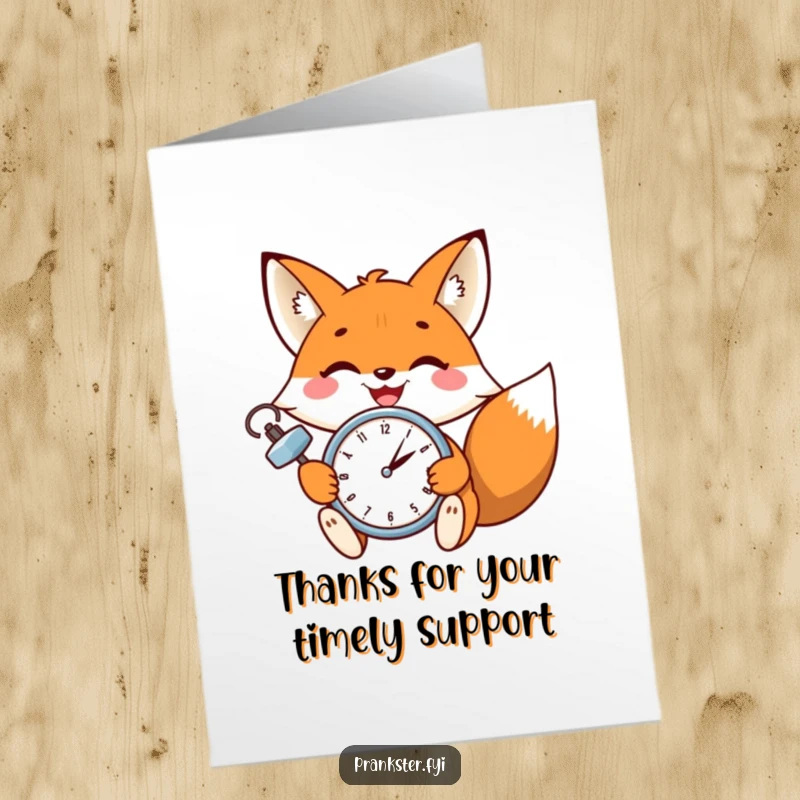 Funny free printable thank you card showing a cheerful fox winking and setting a clock, expressing gratitude humorously.