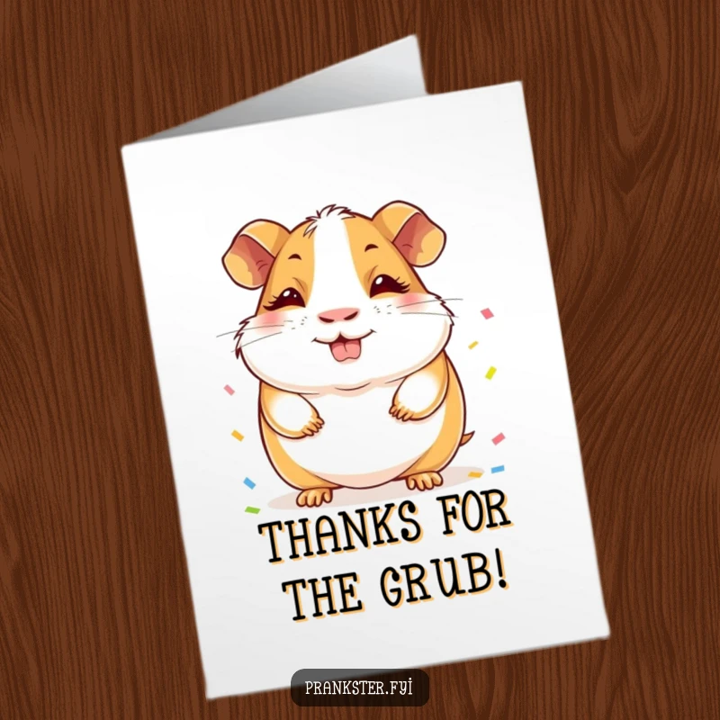 Funny Free Printable Thank You Card: Cheerful guinea pig with a sly grin hiding confetti behind its back, perfect for saying thanks.