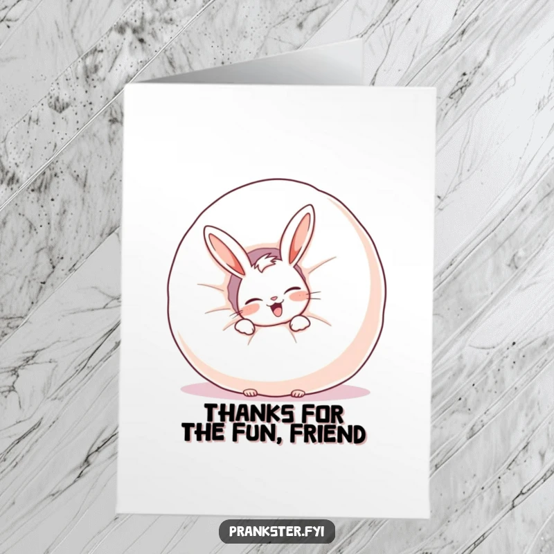 Funny free printable thank you card showing a giggling rabbit hiding behind a large whoopee cushion, offering thanks.