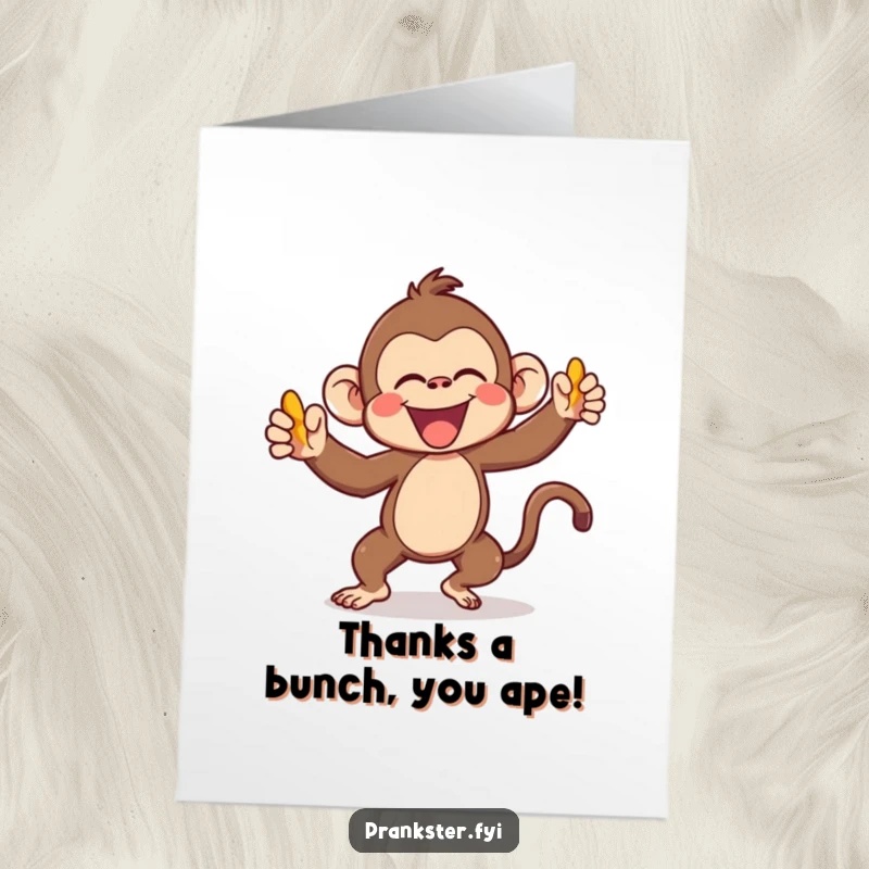 Funny Free Printable Thank You Card showcasing a kawaii monkey hilariously tossing a banana peel, perfect for unique thanks.