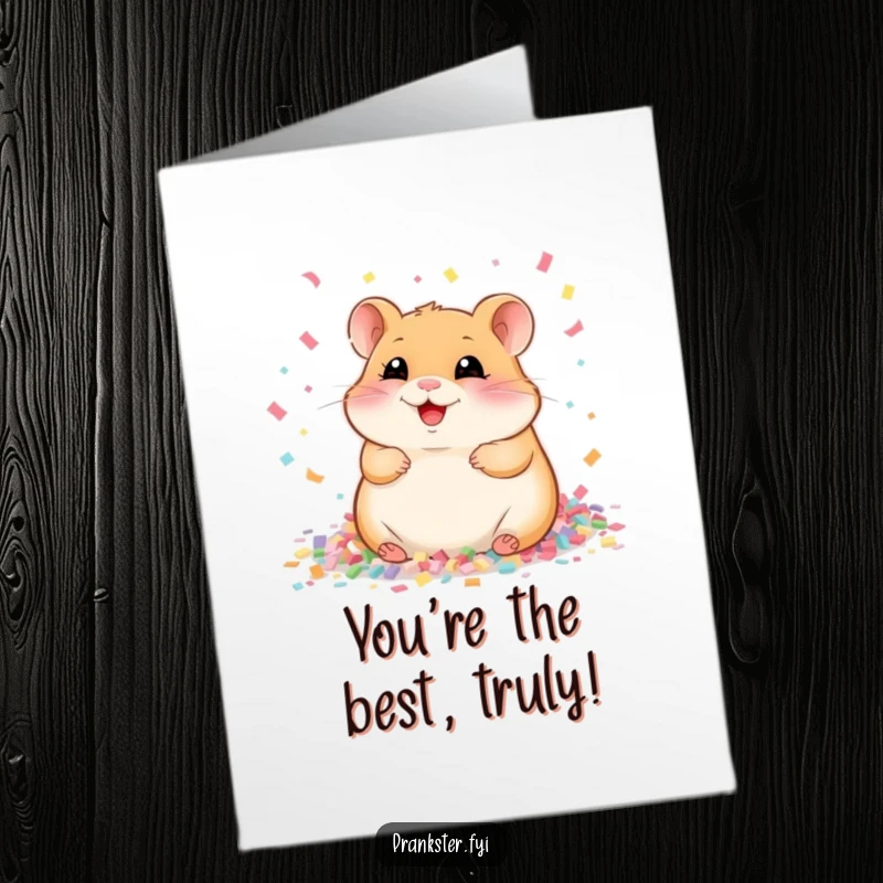 Funny Free Printable thank you card with a gleeful hamster nestled in a pile of confetti, expressing cheerful gratitude.
