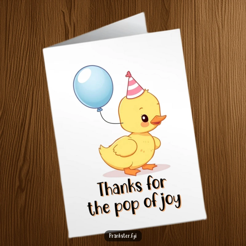 Funny Free Printable Thank You Card: Kawaii duckling in a party hat about to pop a balloon, expressing thanks with humor. Downloadable art.