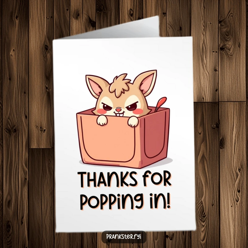 Funny Free Printable Thank You Card featuring a mischievous animal with a wicked grin, peeking from a jack-in-the-box.