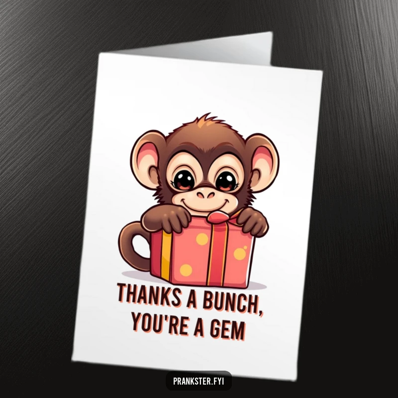 Funny Free Printable Thank You Card: Mischievous monkey holding a stolen gift, expressing thanks with humor.