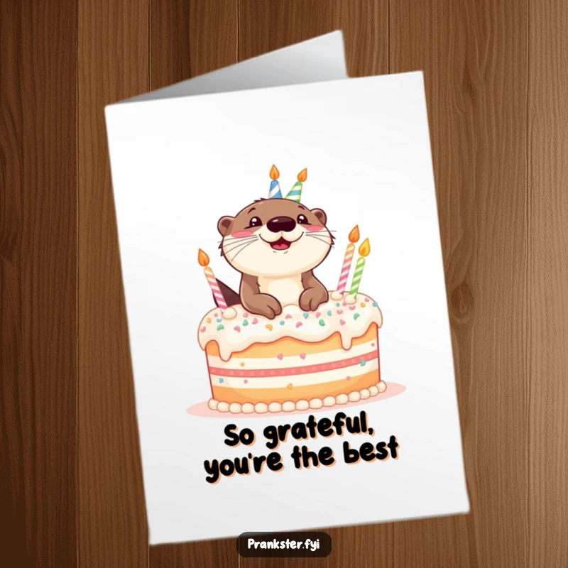 Funny Free Printable Thank You Card: An otter peeking cheerfully out of a giant birthday cake, bringing joy.
