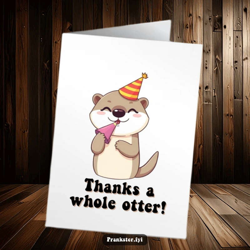 Funny Free Printable Thank You Card: Cheerful otter in party hat blowing a noise maker, showing gratitude.