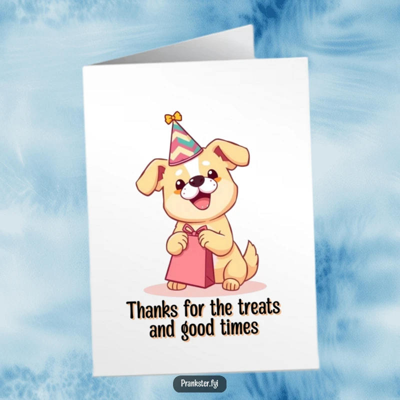 Funny Free Printable Thank You Card: A happy dog in a party hat shakes a small gift bag, offering thanks.